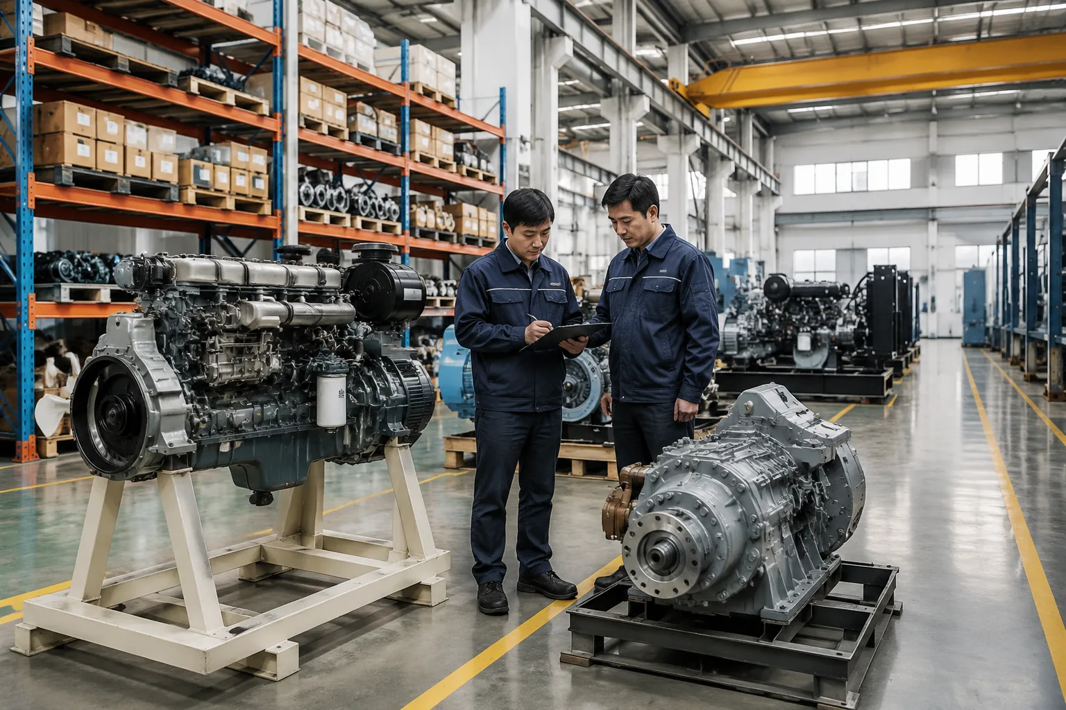 Inspeção de motor a diesel e caixa de engrenagens marítima em um armazém de peças industriais