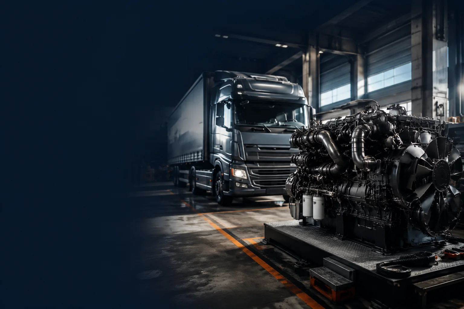 Motor diesel para serviço pesado e caminhão de carga em uma área de manutenção