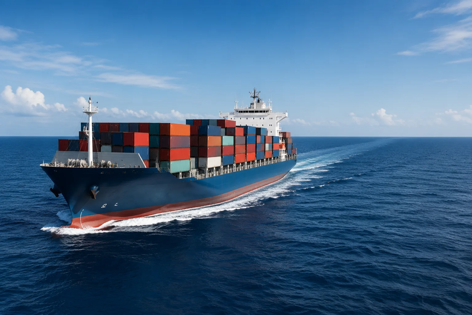 Navio porta-contêineres oceânico navegando em alto-mar