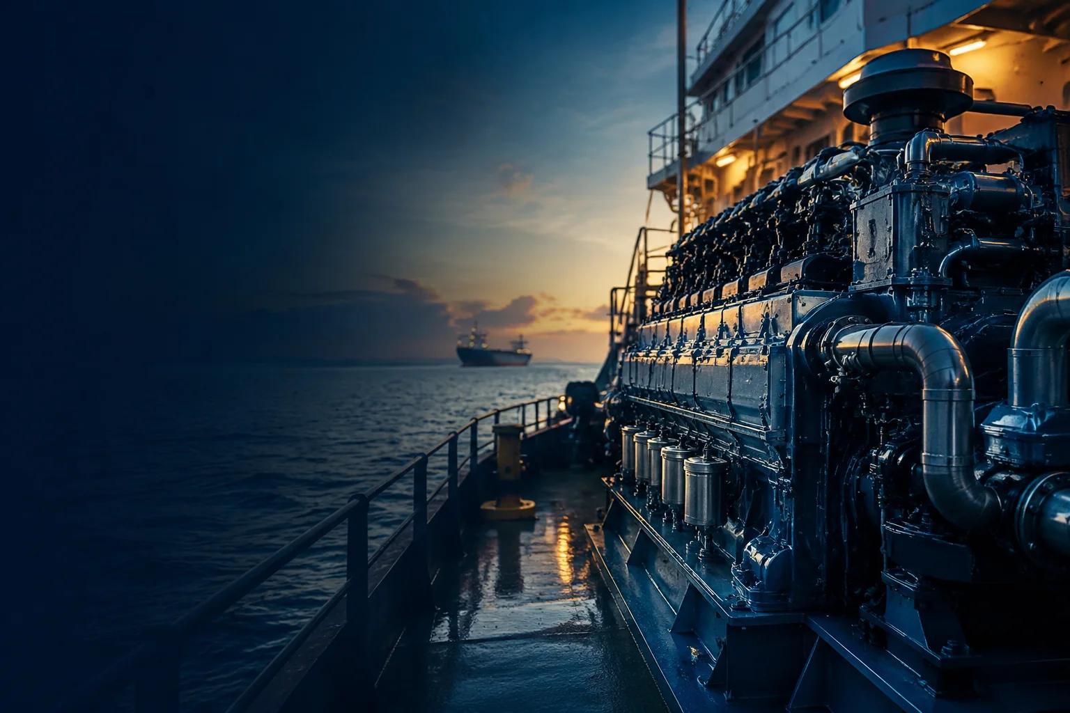 Motor diesel marítimo em uma embarcação de trabalho, com um navio de carga no mar