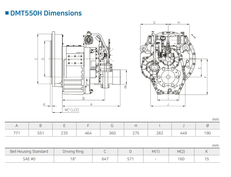 Caixa de engrenagens de transmissão marítima pesada Dmt550h Korea D-I, caixa de engrenagens China Di de alto desempenho, relações de transmissão 1,43/1,64/1,81/2,03/2,33/2,6/2,91 com acoplamento flexível Centa