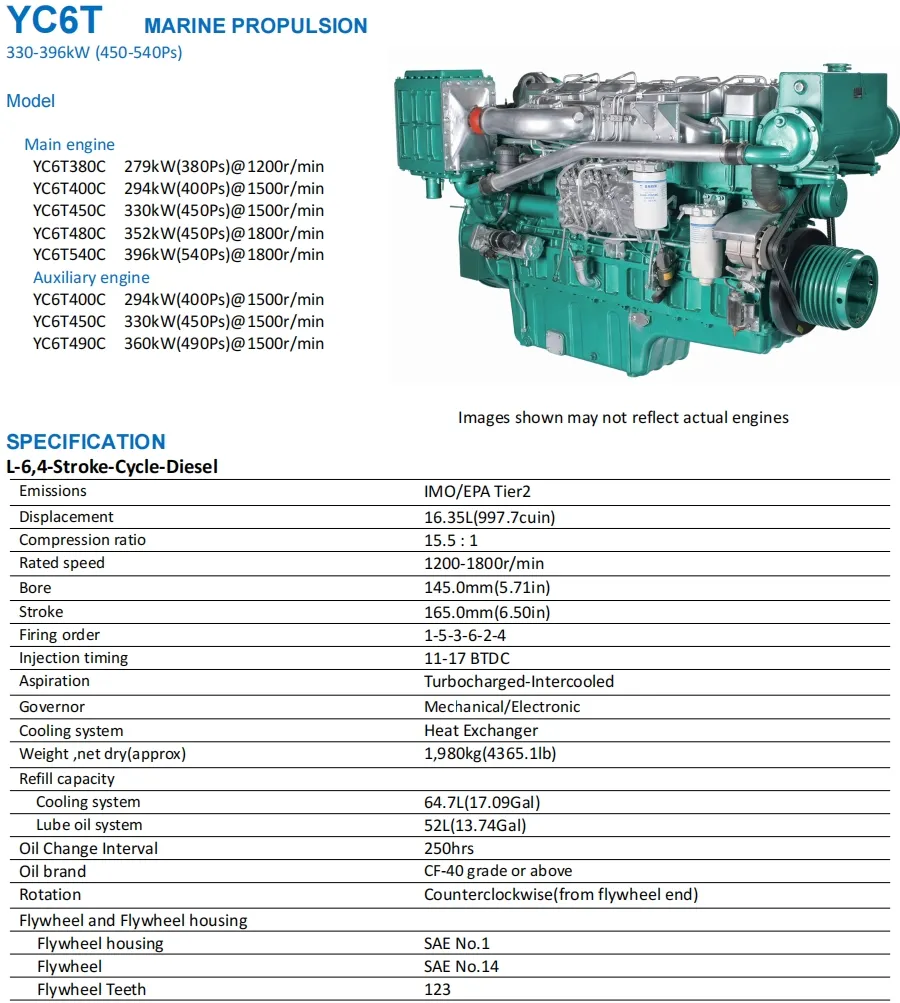 Motor marítimo Yuchai, Yc6t480c, 1800 rpm, 480 HP, bomba de injeção de combustível mecânica