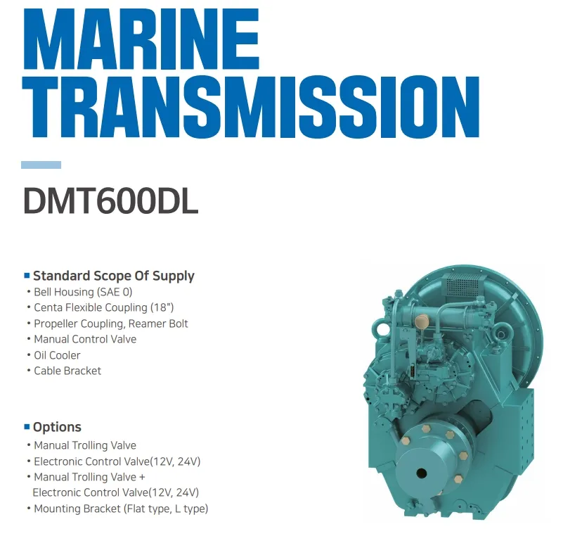 Caixa de engrenagens marítima Dmt600dl D-I para barcos, pesada, tipo com 4 rolamentos de encosto, relações 3.02, 3.28, 3.56, 4.07, 4.48, 4.95