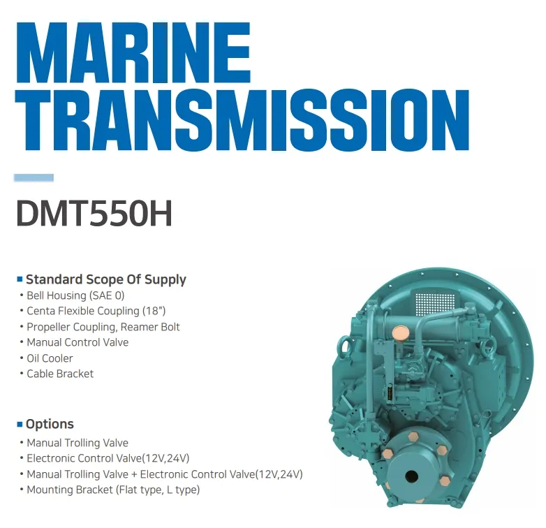 Caixa de engrenagens de transmissão marítima pesada Dmt550h Korea D-I, caixa de engrenagens China Di de alto desempenho, relações de transmissão 1,43/1,64/1,81/2,03/2,33/2,6/2,91 com acoplamento flexível Centa