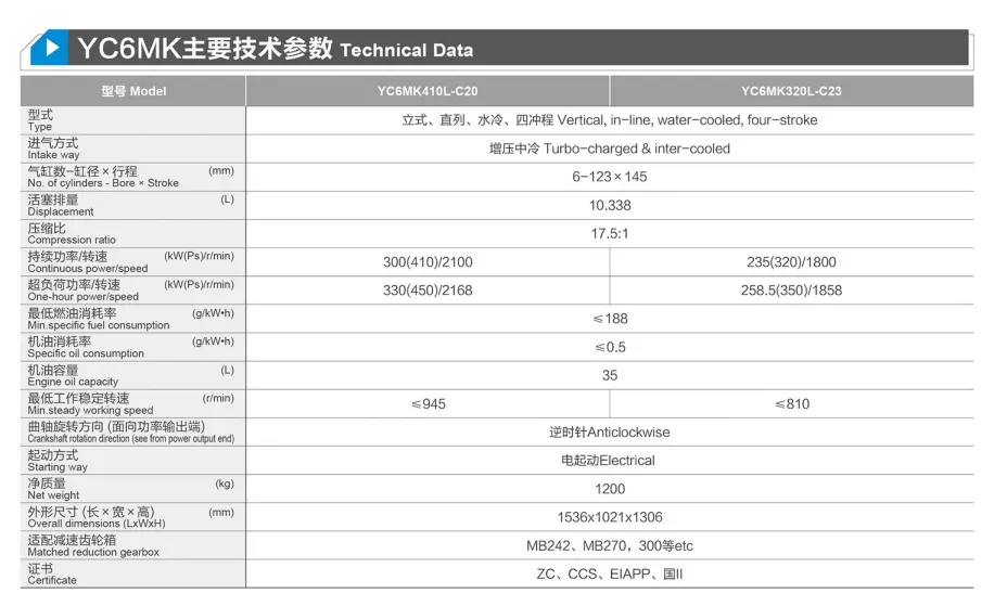 Motor marítimo Yuchai YC6MK da China para motor diesel de embarcações eficiente de 260/280/300/320/330/350/410 HP, 1500 rpm/1800 rpm/2100 rpm