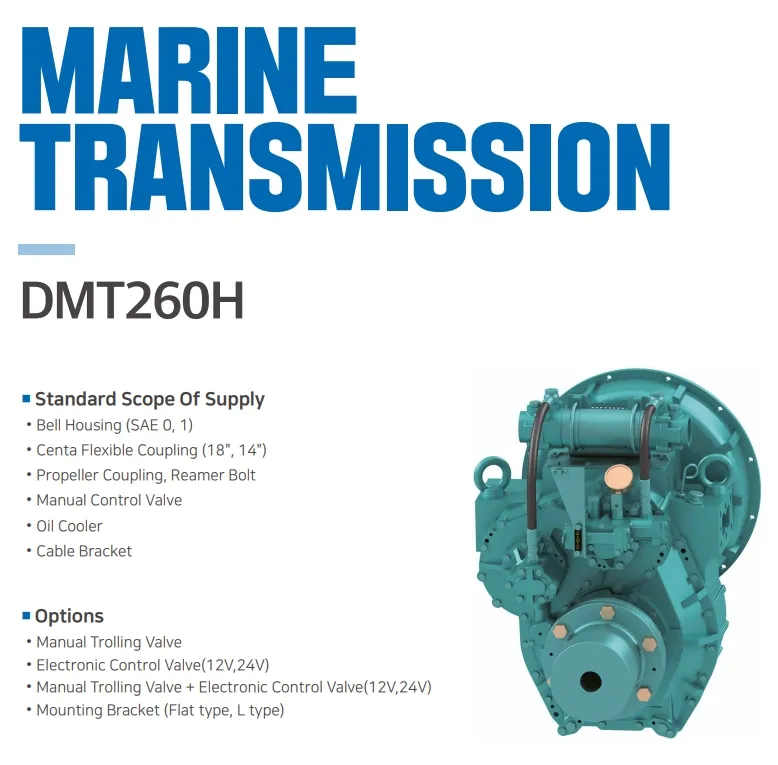 Caixa de transmissão marítima D-I Korea DMT260H para barco, relações 2,06/2,5/2,92/3,26, controle eletrônico e acoplamento flexível Centa